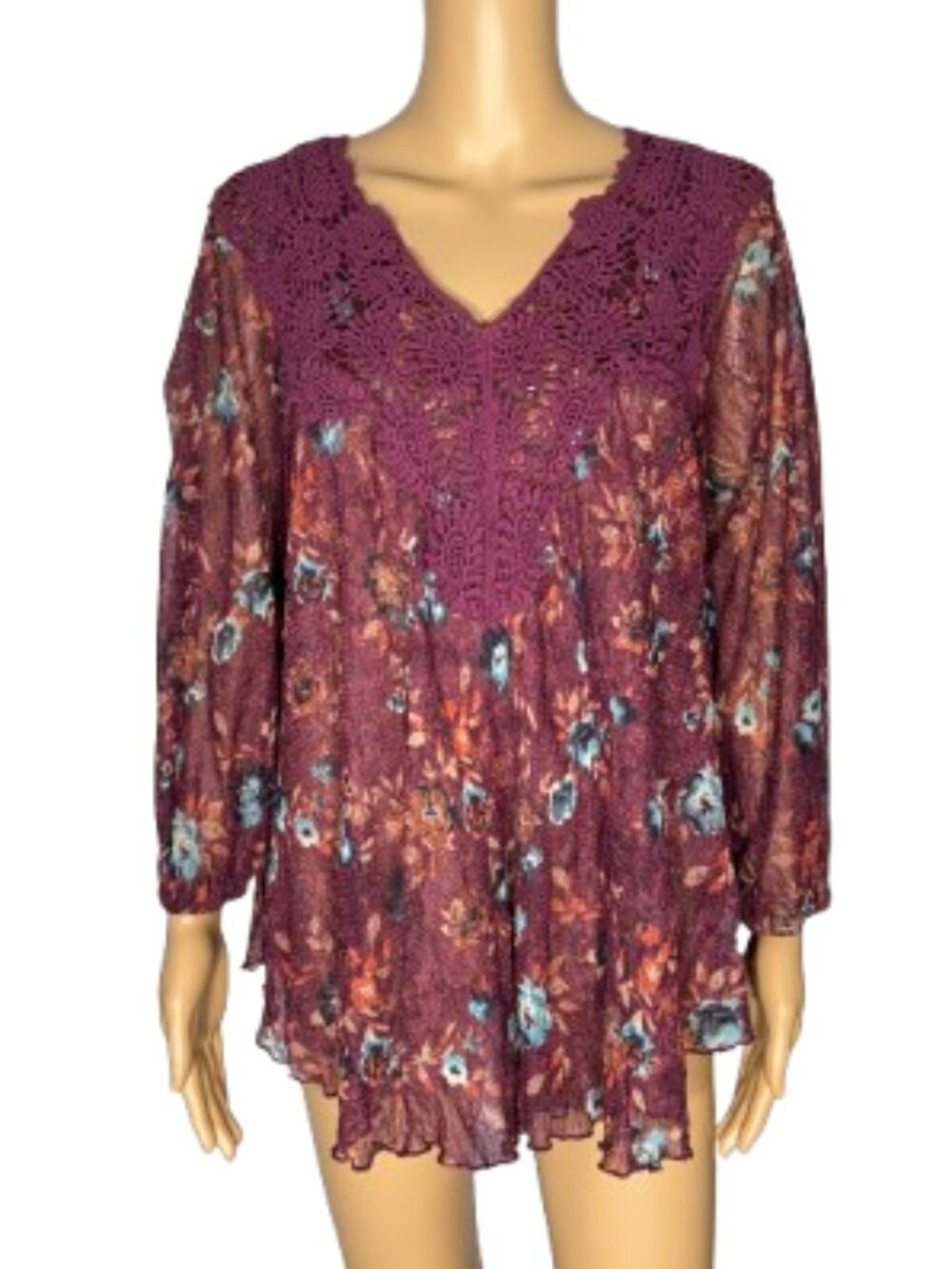 Vintage America Burgundy Floral Lace-Trim Tunic Size Large